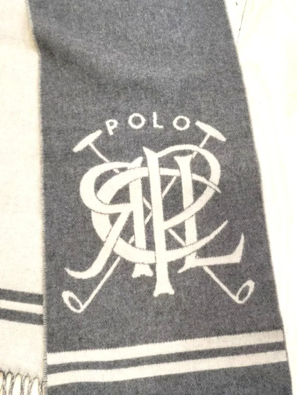 POLO RALPH LAUREN Men's Soft Wool Scarf Two Tone Gray Unisex Preppy ITALY
